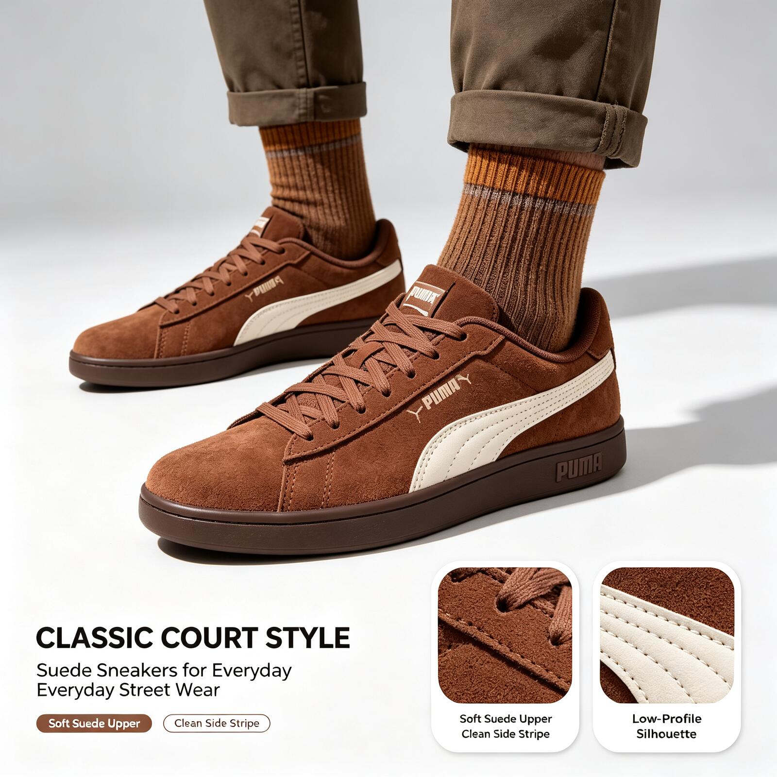 Women'S Shoes Puma Sneakers - ใหม่ PUMA รองเท้าผ้าใบลำลองสไตล์เรโทรหนังกลับพื้นนุ่มทนทานรองเท้าผ้าใบหนังกลับคลาสสิกสำหรับผู้ชายผู้หญิงสีน้ำตาลรองเท้าลำลองแบบไม่หุ้มข้อ