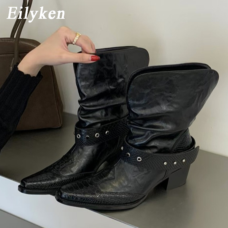 Women'S Shoes Chelsea - รองเท้าบูทส้นเตี้ยลายงูแบบต่อชิ้นสไตล์ Eilyken Design สำหรับผู้หญิง หัวแหลม พร้อมสายคาดหัวเข่าแฟชั่น