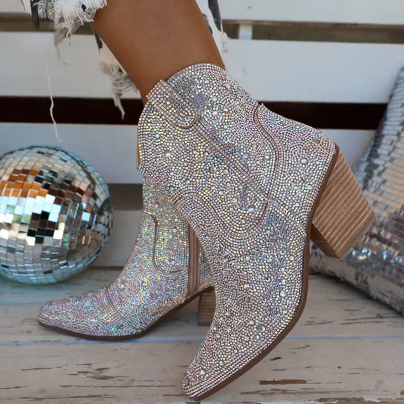 Women'S Shoes Chelsea - Western คาวบอยรองเท้าแฟชั่นผู้หญิงข้อเท้ารองเท้า Glitter Bling เงาแนวโน้มรองเท้าส้นสูงรองเท้าคุณภาพสูง