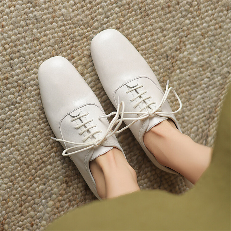 Loafer Flat Women - รองเท้าโลฟเฟอร์หนังแท้แบบผูกเชือก รุ่นใหม่ สำหรับฤดูใบไม้ผลิ/ฤดูใบไม้ร่วง หัวกลม ส้นเตี้ย รองเท้าผู้หญิง