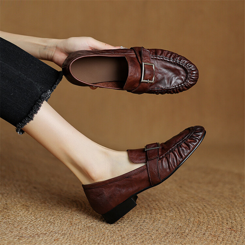 Women'S Heels - รองเท้าส้นเตี้ยสำหรับผู้หญิง, ใหม่ฤดูใบไม้ร่วงรองเท้าหนังแท้สตรีรองเท้าบูทหุ้มข้อจีบรอบส้นหนารองเท้าโลฟเฟอร์ผู้หญิง