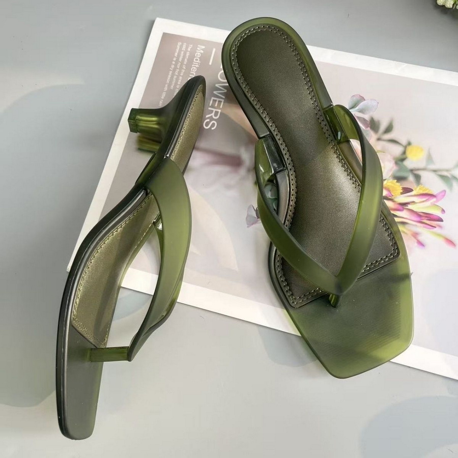 Women'S Shoes Kitten Heels - รองเท้าแตะแบบสวมสีเขียวมะกอก PVC สไตล์เกาหลี สำหรับผู้หญิง ส้นเตี้ยแบบใส หัวเหลี่ยม