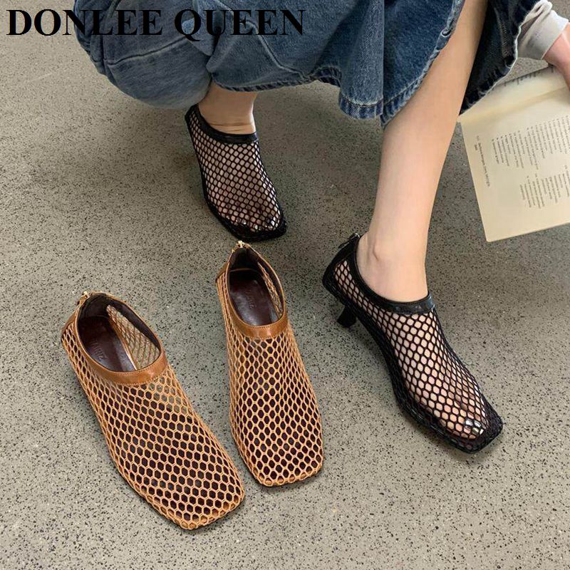 Women'S Shoes Kitten Heels - รองเท้าส้นเตี้ยแบบสวมเปิดส้นทรงเหลี่ยมสไตล์วินเทจ ตกแต่งตาข่าย ระบายอากาศได้ดี มีซิปด้านหลัง เหมาะสำหรับผู้หญิง