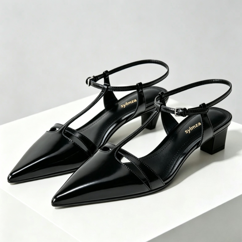Women'S Shoes Kitten Heels - รองเท้าส้นสูงแบบคิทเทนฮีลหนังแก้วสำหรับผู้หญิง ดีไซน์สายรัดรูปตัว T ปลายแหลม เซ็กซี่ หรูหรา