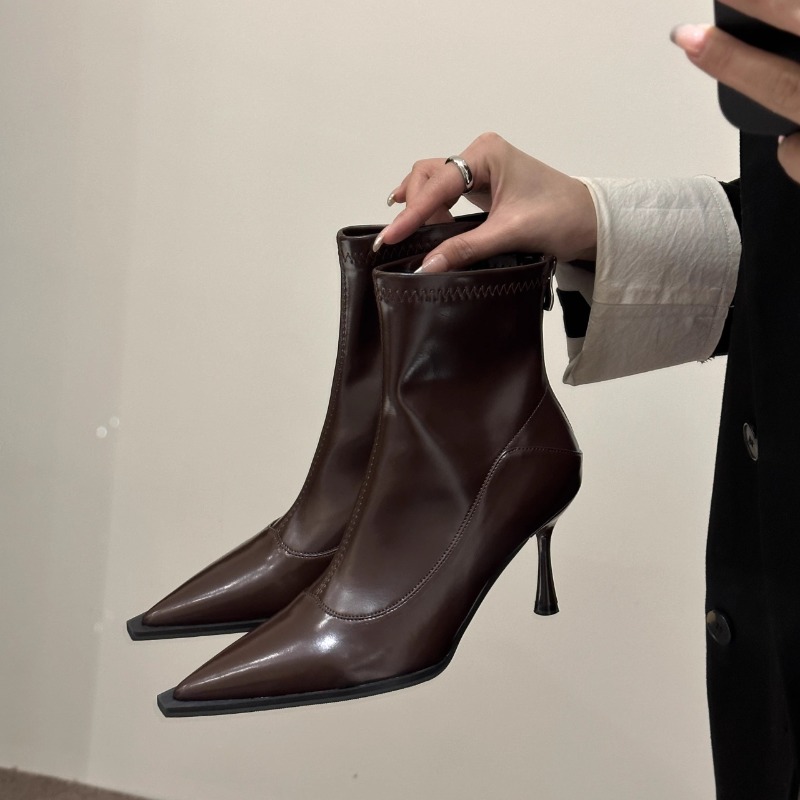 Women Shoes Nb - รองเท้าบูทข้อเท้าผู้หญิงทรงสลิมสำหรับฤดูใบไม้ร่วงและฤดูหนาว แฟชั่นทันสมัย หัวแหลม ส้นสูงบาง รองเท้าบูทสั้นสไตล์โมเดิร์น