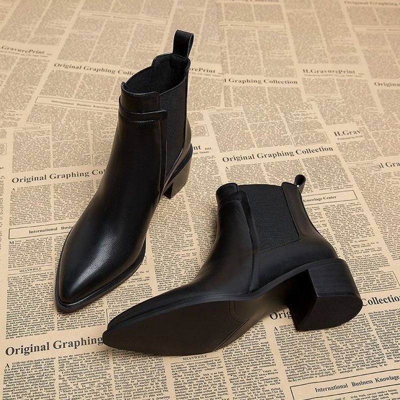 Women'S Shoes Chelsea - รองเท้าบูทเชลซีบุขนแกะสำหรับผู้หญิง ฤดูหนาว หัวแหลม ส้นหนา รองเท้าบูทข้อเท้าแบบสวม อุ่นสบาย