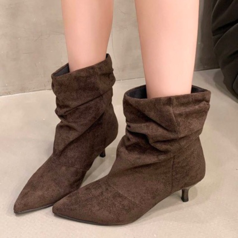 Women'S Shoes Chelsea - รองเท้าบูทข้อเท้าดีไซน์หรูหราสไตล์เรโทรสีน้ำตาลสำหรับผู้หญิง แฟชั่นหนังกลับจีบ แต่งส้นเตี้ย เหมาะสำหรับงานปาร์ตี้ งานพรอม รองเท้าเชลซี