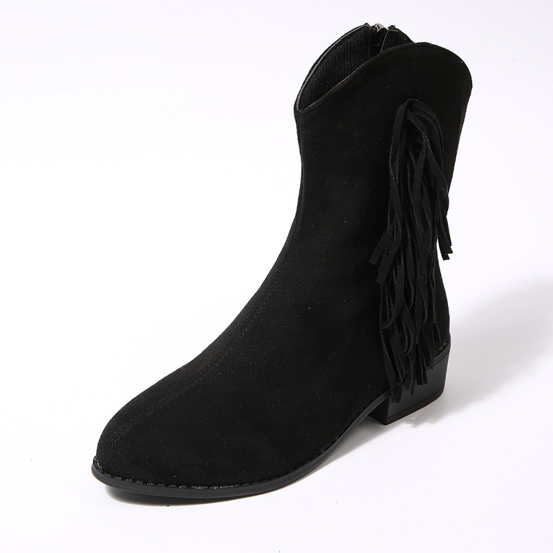 Women'S Shoes In Wide Width - รองเท้าบูทสั้นส้นหนาทรงวี ปลายมน แต่งพู่สไตล์เรโทร สำหรับผู้หญิง ทรงสลิม เหมาะกับน่องกว้างและเท้ากว้าง