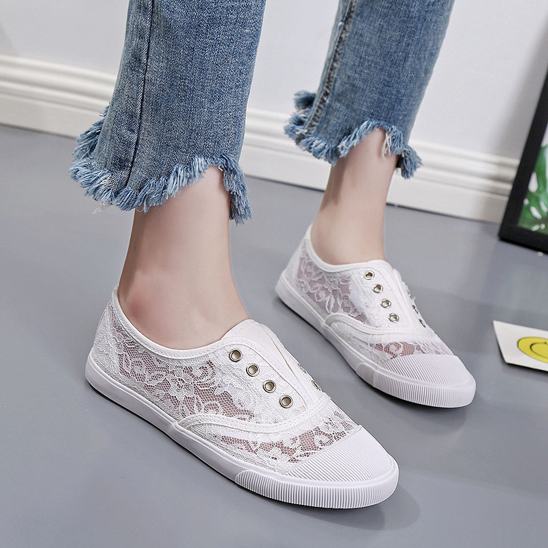 แฟชั่นลูกไม้สีขาวรองเท้าผ้าใบผ - Loafer Flat Women บทวิจารณ์และราคา